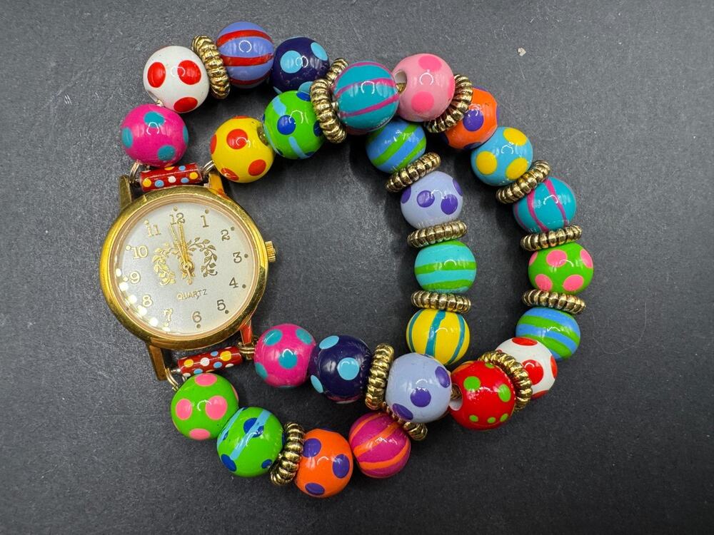 Angela Moore Gold Tone Quartz Watch Colorful Painted Beads Elastic Band